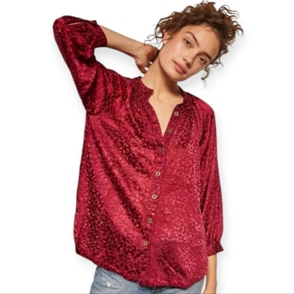 By Anthropologie Susanna Burnout Velvet Button Up Blouse 3/4 Sleeves Medium - Picture 17 of 17